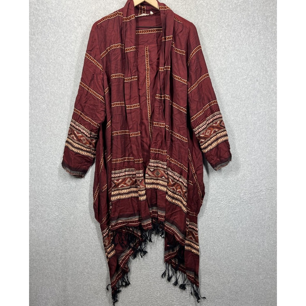 Soft Surroundings Kimono Cardigan Womens 1X Maroon Geometric Fringe Boho EUC